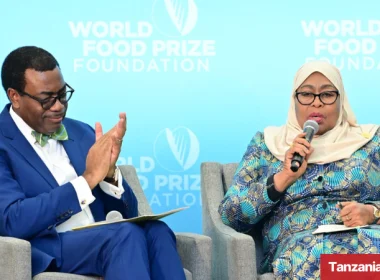 Tanzania President Samia at World Food Prize discussing food security with Akinumwi Adesina of AfDB