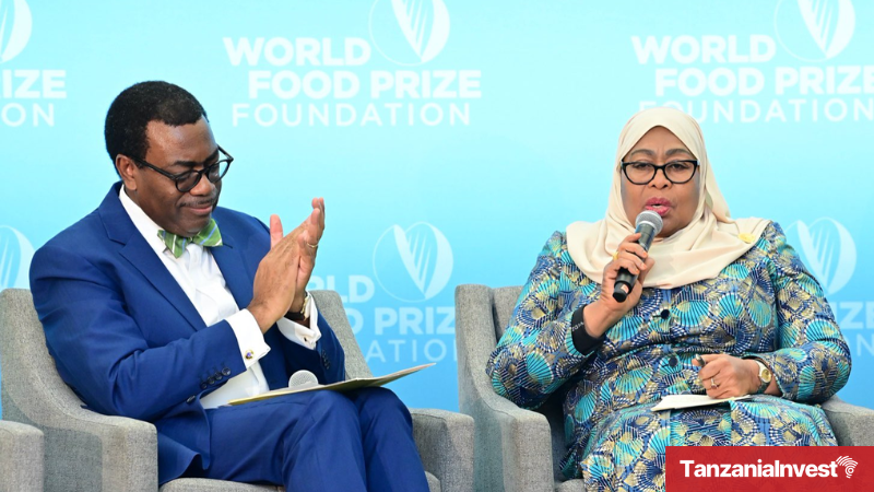 Tanzania President Samia at World Food Prize discussing food security with Akinumwi Adesina of AfDB