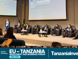 EU–Tanzania Investment and Business Forum 2026–2027 roadshow opening at Cesena Fiera, with blue Global Gateway and TanzaniaInvest branding