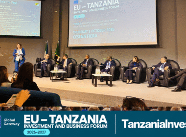 EU–Tanzania Investment and Business Forum 2026–2027 roadshow opening at Cesena Fiera, with blue Global Gateway and TanzaniaInvest branding