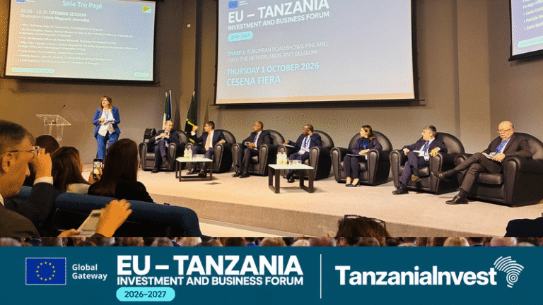EU–Tanzania Investment and Business Forum 2026–2027 roadshow opening at Cesena Fiera, with blue Global Gateway and TanzaniaInvest branding