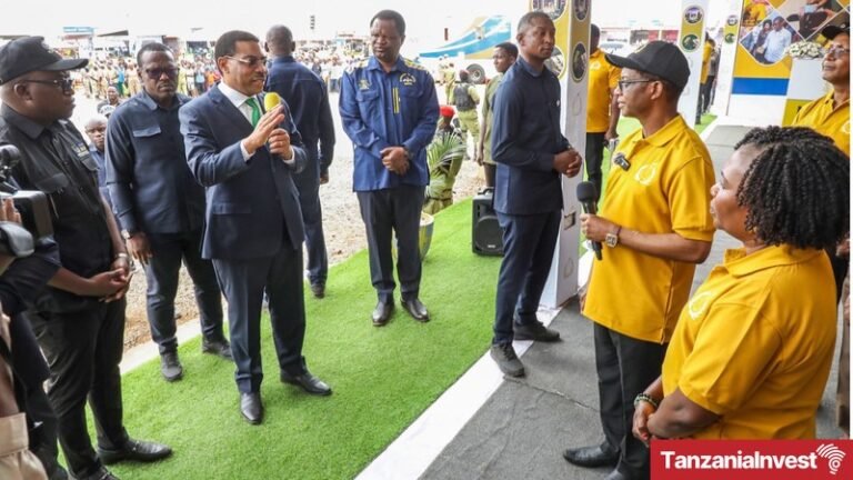 Prime Minister Mwigulu Nchemba speaks at the Bank of Tanzania stand at the National Mining Technology Exhibition in Geita